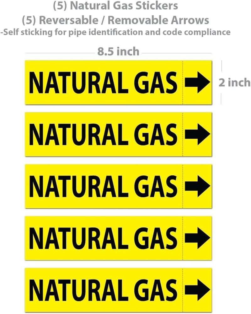 Wrapco (5 Pack) Natural Gas Pipe Labels Stickers with Arrows | Self Sticking 6mil PVC Natural Gas Pipe Markers for Pipes, Inspections, Detector, Regulator Heaters | 8.5 x 2 inch - Image 2